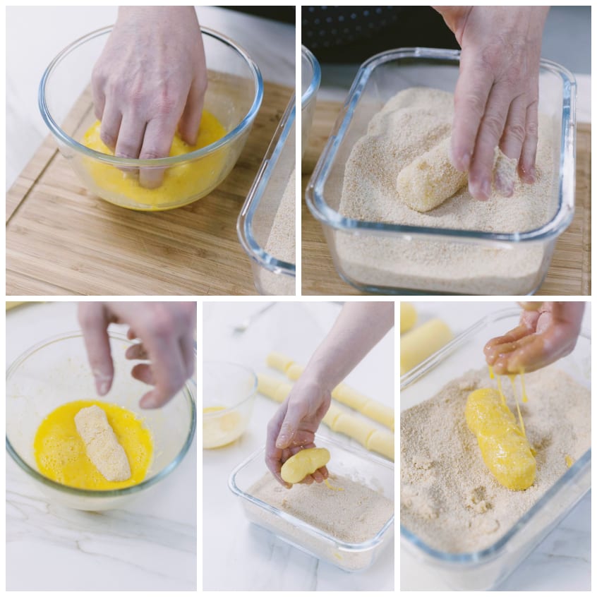 Crocchette di patate passate nell'uovo sbattuto e poi nel pangrattato per la doppia panatura