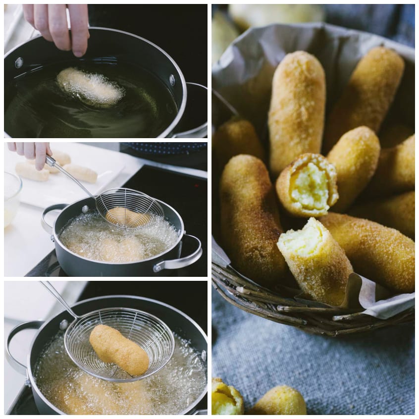 Crocchette di patate che friggono nell'olio bollente, sollevate con il colino