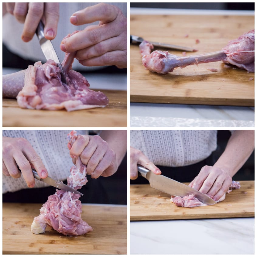 Mani che disossano una coscia di pollo con coltello sul tagliere, in quattro fasi