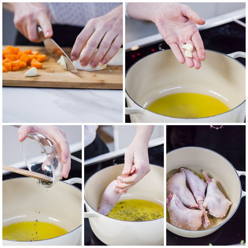 Pezzi di pollo crudi adagiati nell'olio con aglio ed erbe aromatiche per la rosolatura