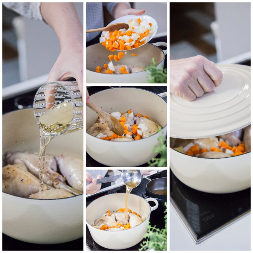 Pollo in casseruola con carote e cipolla: sfumatura con vino bianco, aggiunta di brodo e coperchio