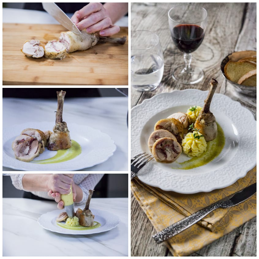 Jambonet di pollo affettato sul tagliere, poi impiattato con vellutata verde e purè
