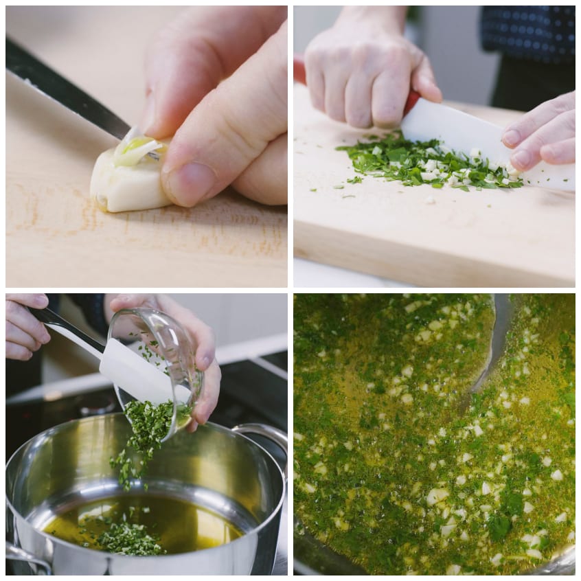 Aglio schiacciato, prezzemolo tritato e il tutto versato in olio caldo in tegame