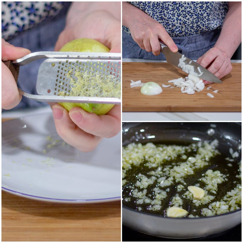 Zeste di limone grattugiate, cipolla tritata sul tagliere e soffritto con aglio in padella