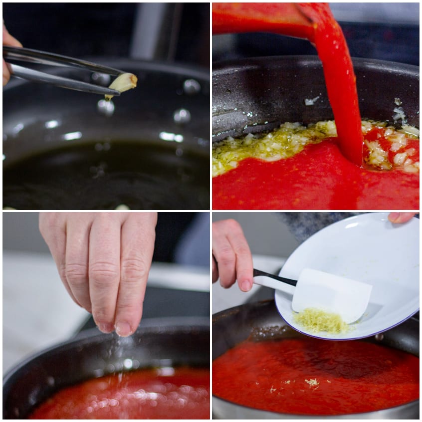 Preparazione del sugo: si rimuove l'aglio, si versa il pomodoro, si sala e si aggiungono le zeste di limone