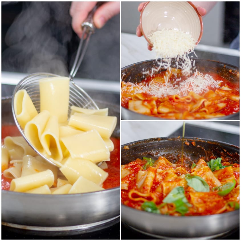 Paccheri scolati nel sugo di pomodoro, poi mantecati con formaggio grattugiato e basilico fresco