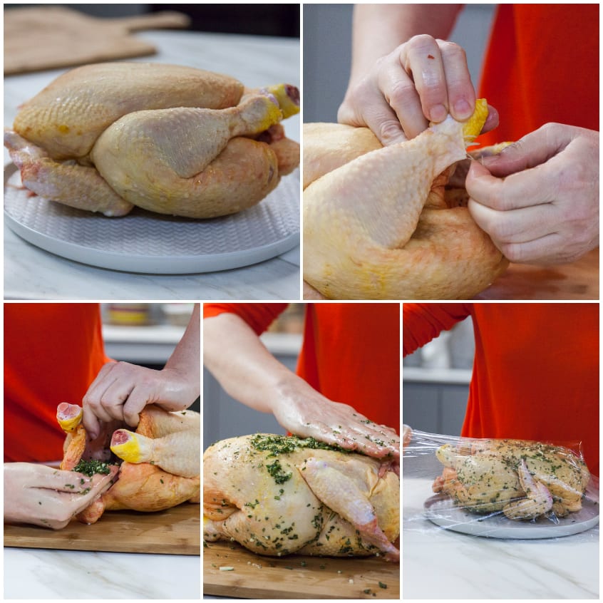 Pollo intero preparato: si stacca la pelle, si massaggia con trito di erbe e si avvolge in pellicola