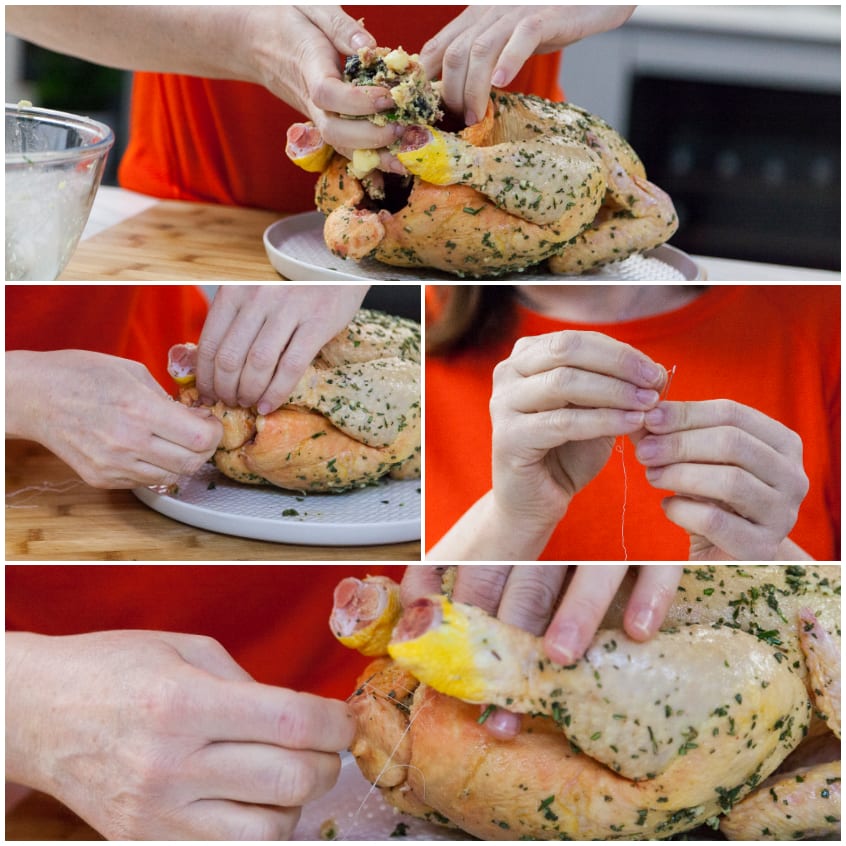 Mani che farciscono un pollo marinato alle erbe e lo cuciono con ago e filo