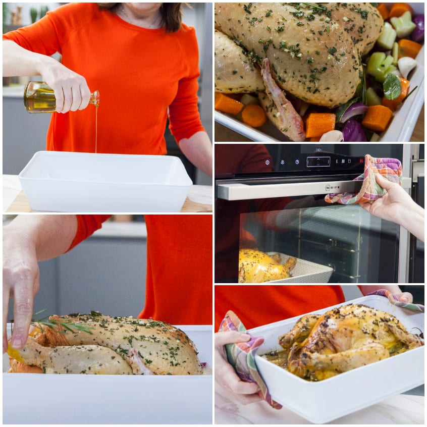Pollo ripieno alle erbe con verdure, infornato e poi sfornato dorato