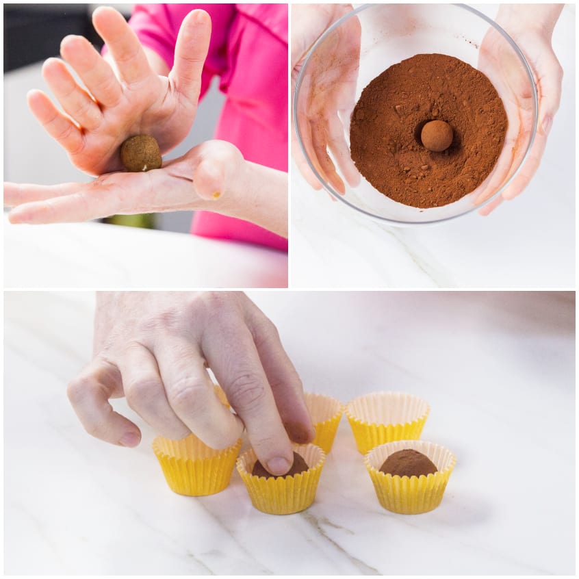 Mani che formano palline di cioccolato, le passano nel cacao e le sistemano nei pirottini