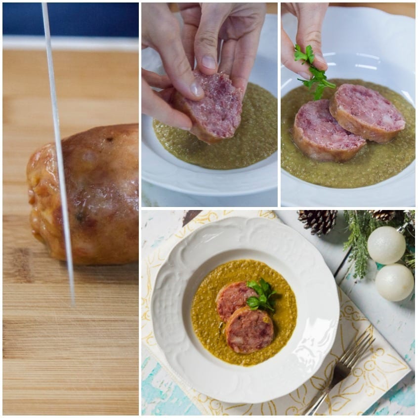 Fette di cotechino adagiate su vellutata di lenticchie, guarnite con prezzemolo fresco