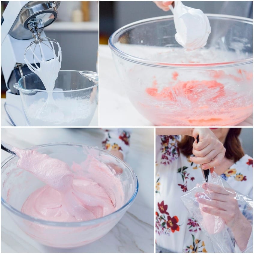 Meringa montata incorporata all'impasto rosa per macarons, poi trasferita nella sac à poche