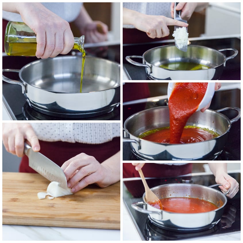 Preparazione del sugo: olio versato in padella, cipolla tritata soffritte e passata di pomodoro mescolata con cucchiaio di legno