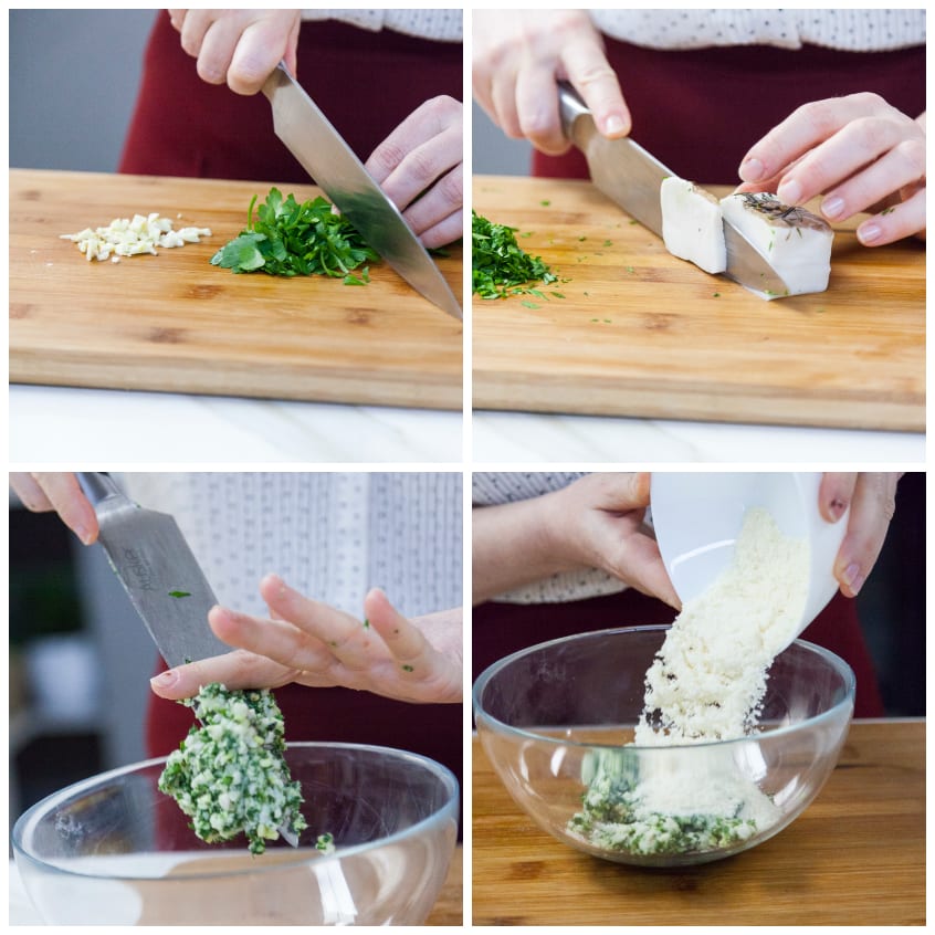 Preparazione del ripieno per le braciole: trito di prezzemolo e aglio, lardo a pezzi e formaggio grattugiato uniti in una ciotola