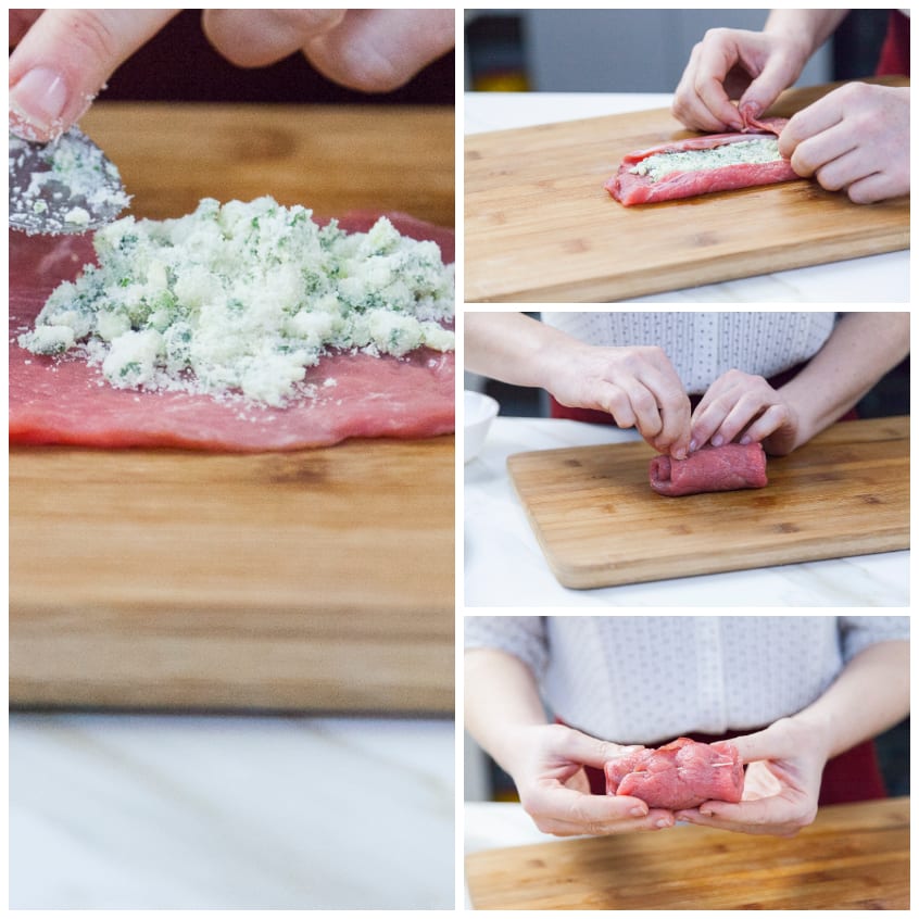 Fettine di manzo farcite con formaggio e aromi, arrotolate e sigillate a formare le braciole