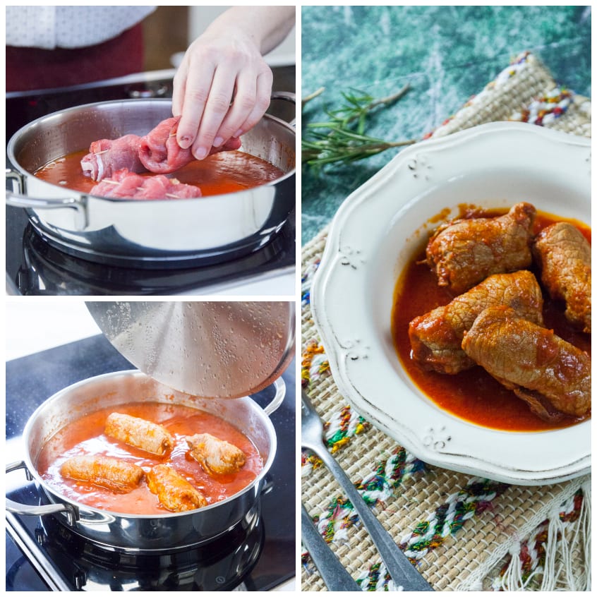 Braciole al sugo adagiate nella padella con salsa di pomodoro, coperchio sollevato a fine cottura