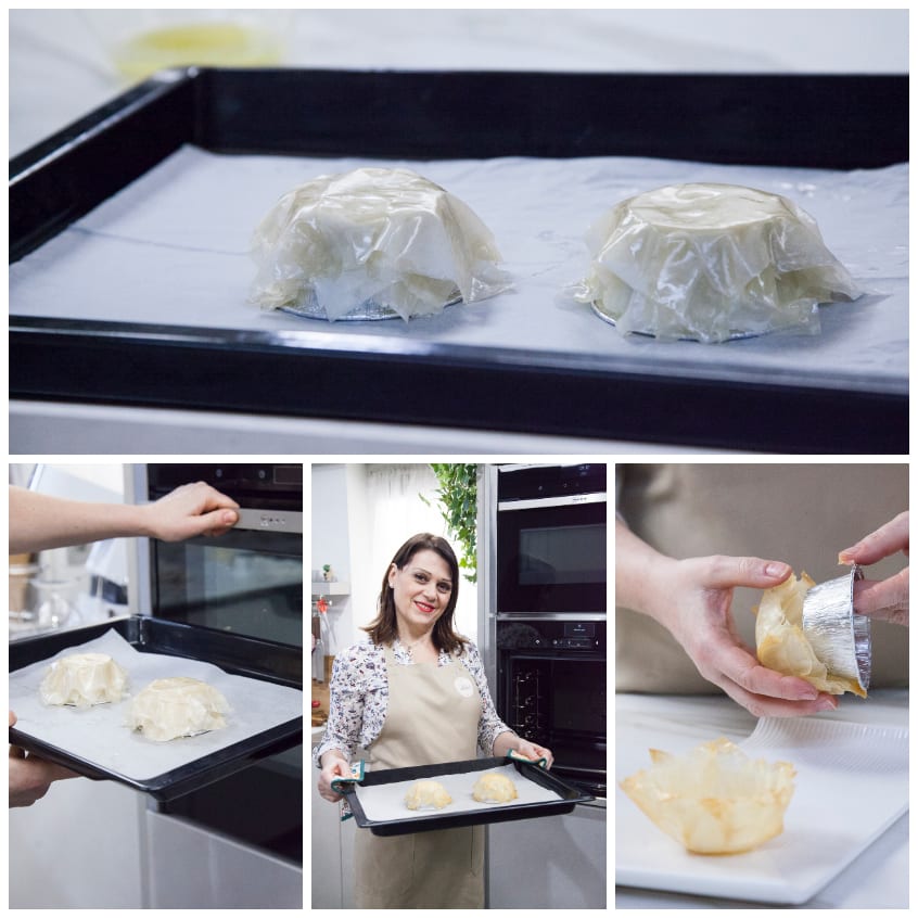 Cestini di pasta fillo cotti e sfilati dal pirottino di alluminio, dorati e croccanti