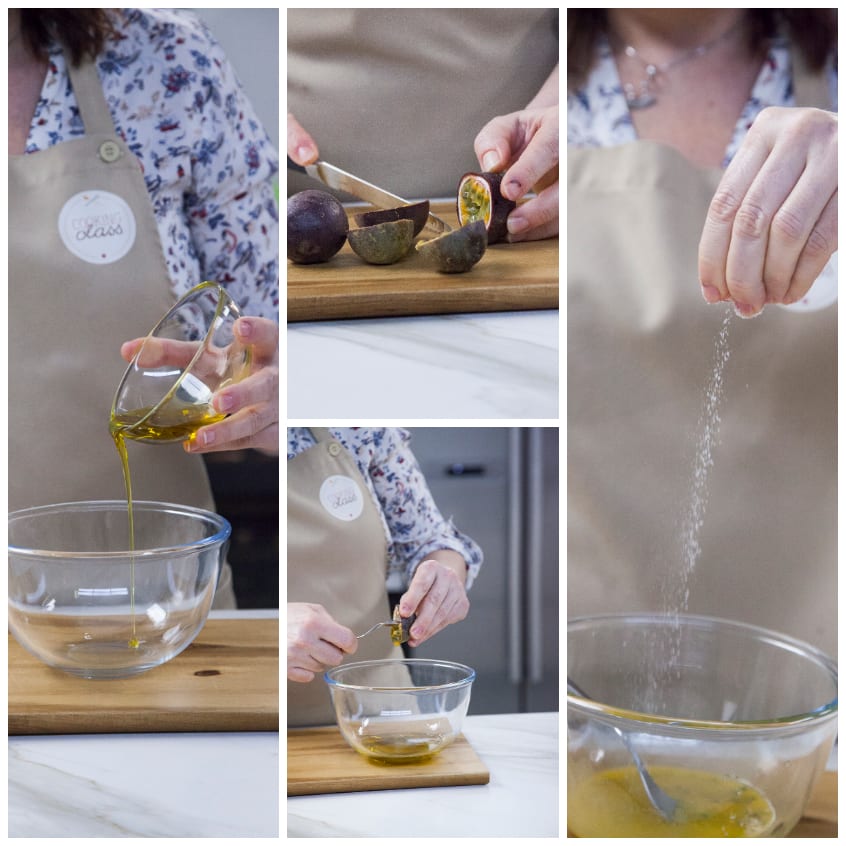 Preparazione dell'emulsione: olio versato in ciotola, passion fruit tagliati e sale aggiunto a pioggia