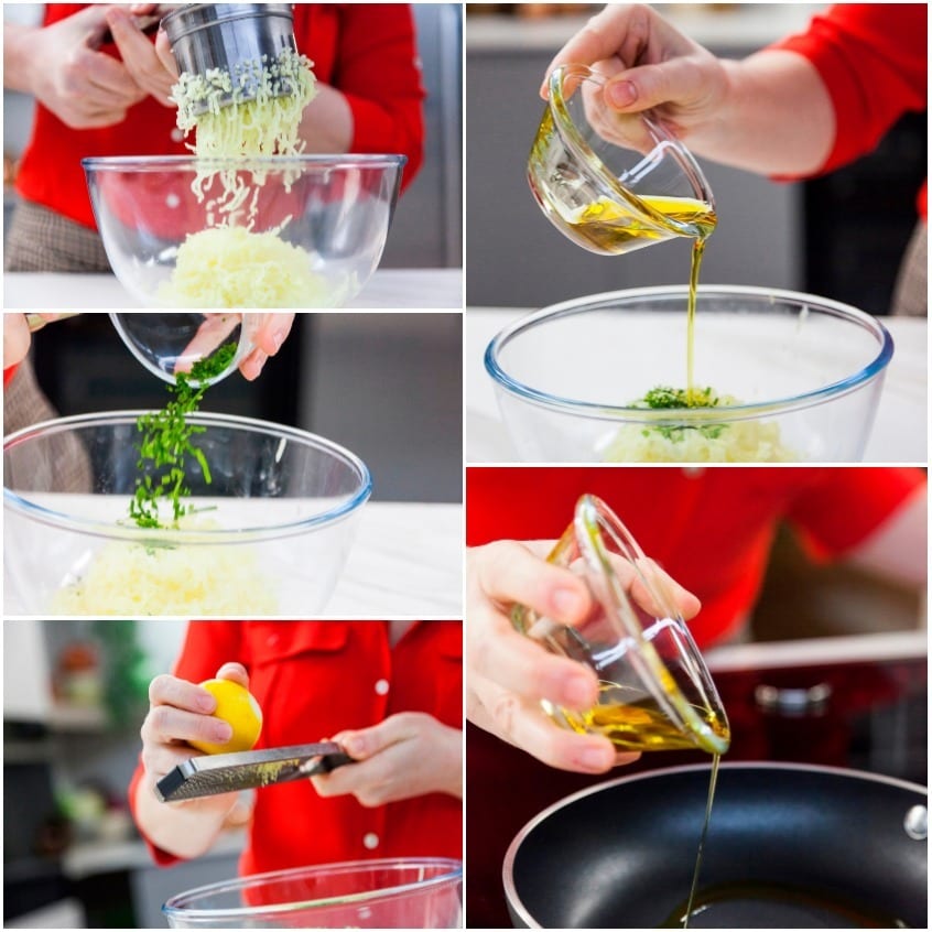 Preparazione del ripieno: formaggio grattugiato, erba cipollina, scorza di limone e olio versato nella ciotola