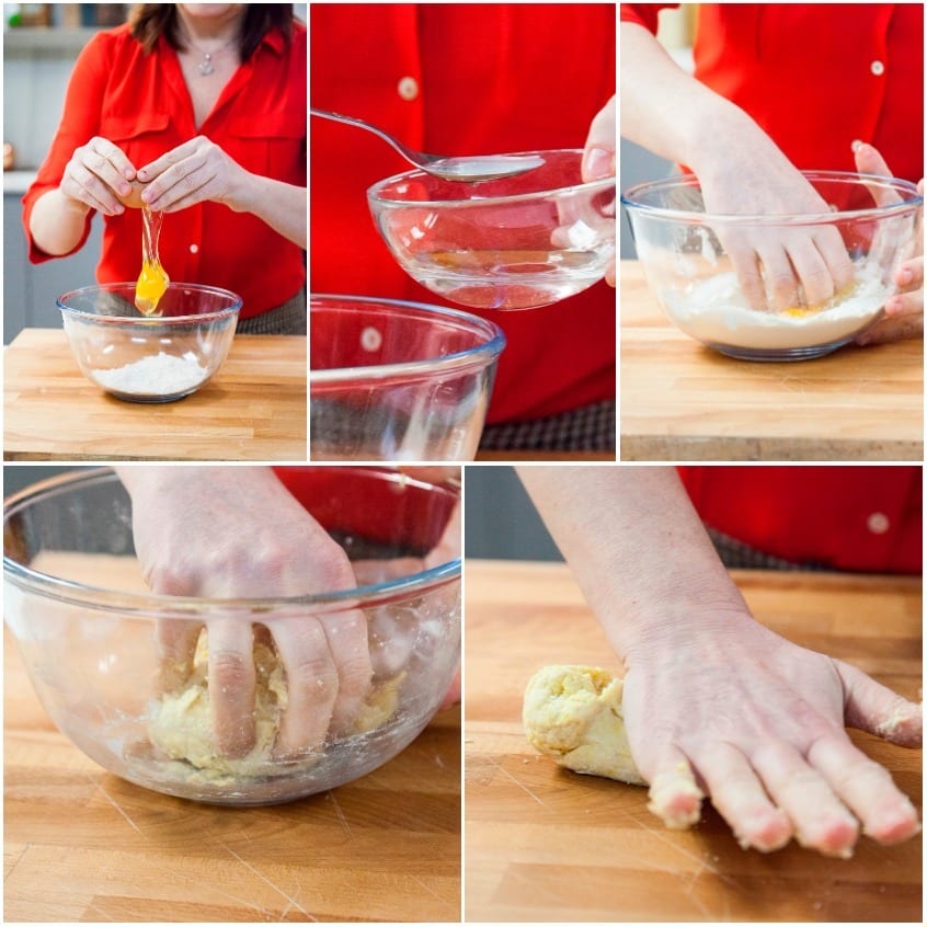 Preparazione dell'impasto: si rompe un uovo nella farina, si aggiunge acqua e si lavora a mano fino a ottenere un panetto liscio