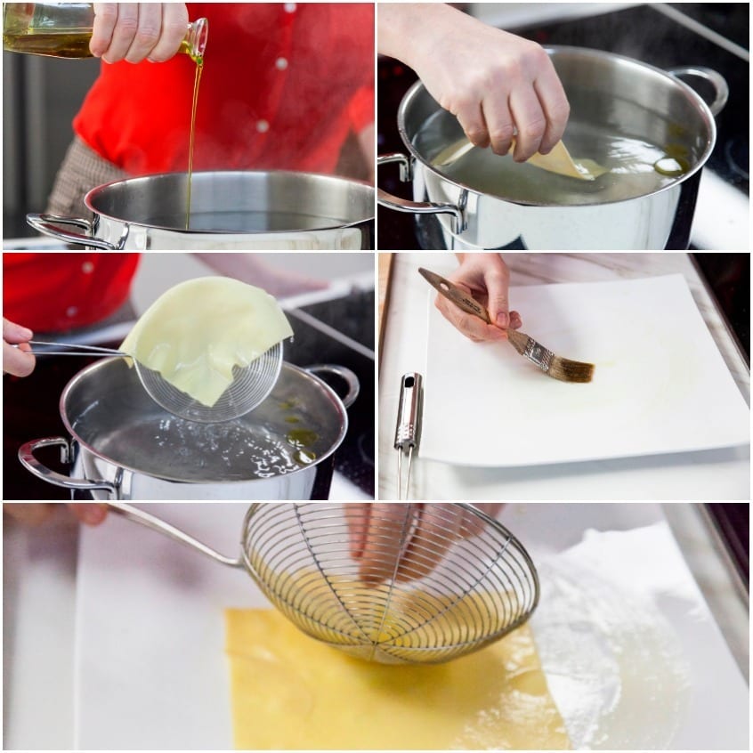 Sfoglie di pasta sbollentate scolate con schiumarola e adagiate su superficie oliata