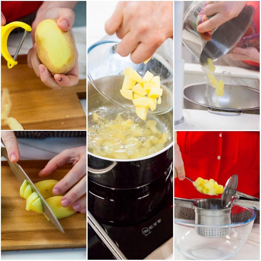 Patate pelate, tagliate a cubetti, lessate in acqua bollente e scolate in un colino