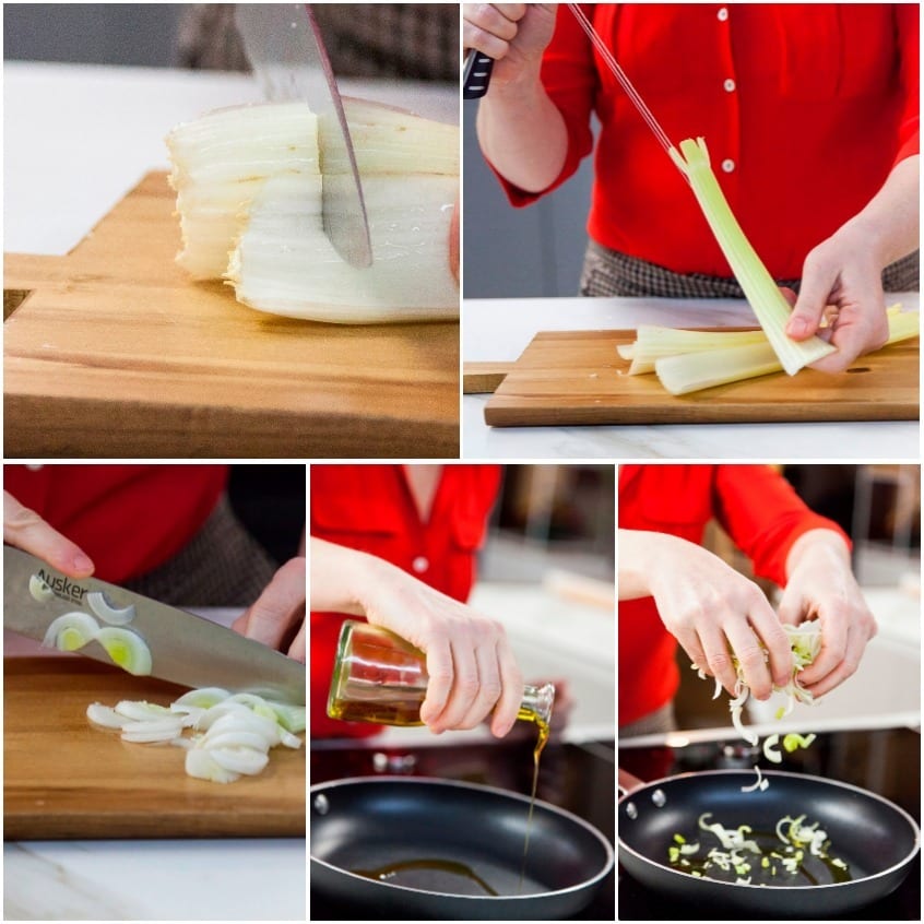 Sedano e porro affettati sul tagliere, poi versati in padella con olio extravergine per il soffritto