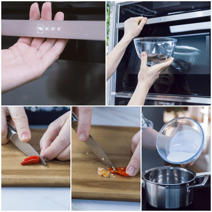 Peperoncino tagliato sul tagliere e panna scaldata in pentola per la ganache