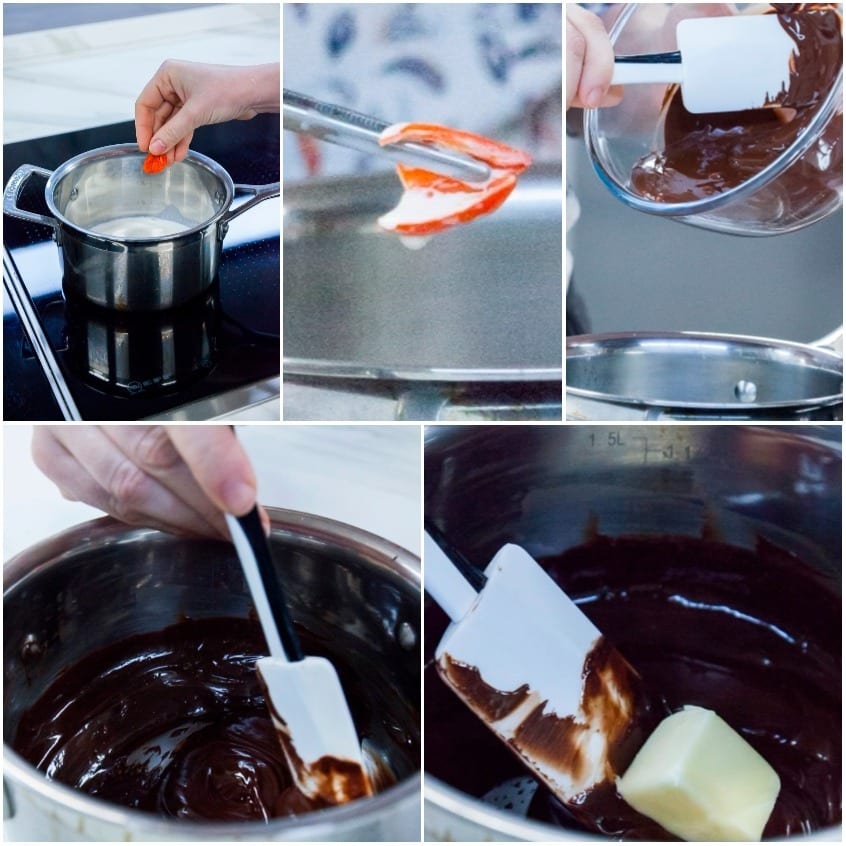 Cioccolato fuso mescolato con una spatola, poi incorporato il burro freddo per la ganache