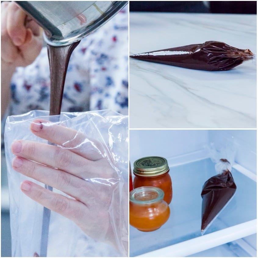 Ganache al cioccolato versata in sac à poche, poi riposta in frigorifero a raffreddare