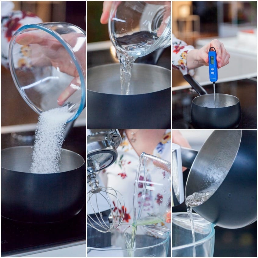 Preparazione dello sciroppo di zucchero per macarons: versaggio, controllo con termometro e montaggio degli albumi
