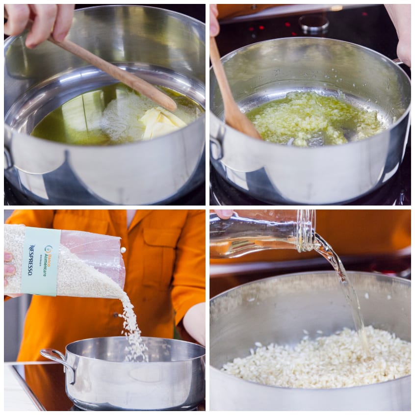 Cipolla soffritta, riso versato in pentola e sfumatura con vino bianco per il risotto