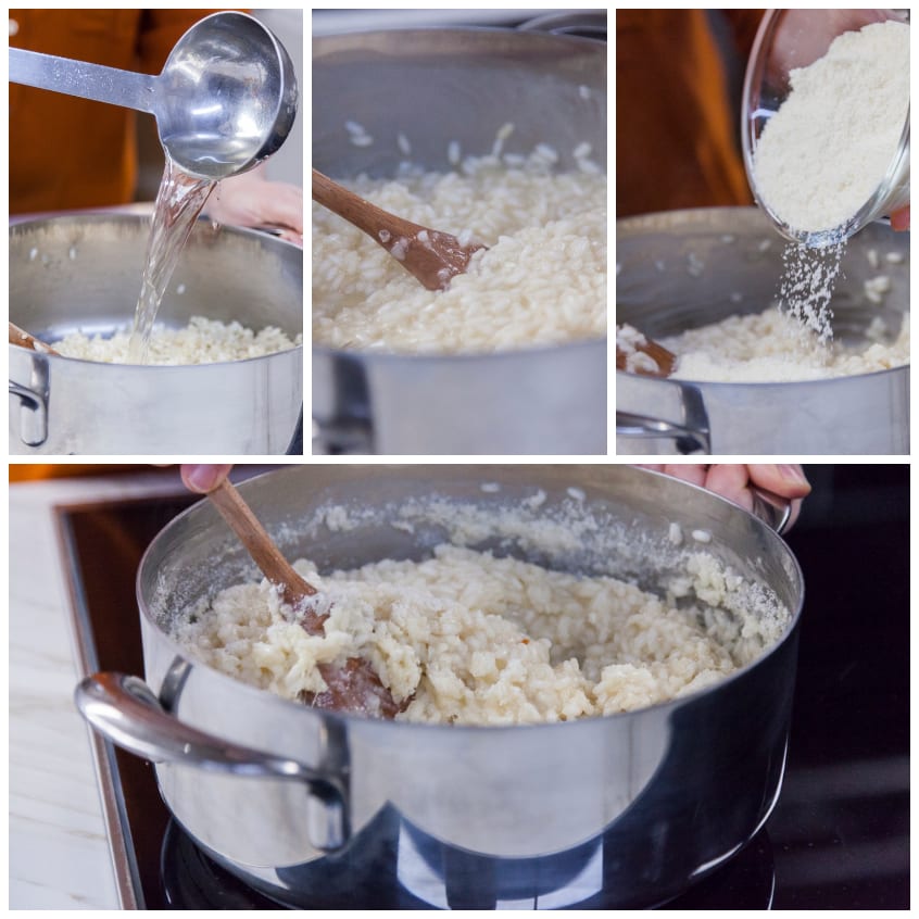 Riso mantecato con formaggio grattugiato e mescolato con cucchiaio di legno in padella