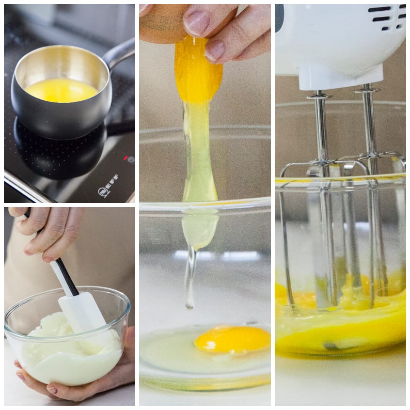 Uova sgusciate in una ciotola e montate con fruste elettriche per preparare il tortino