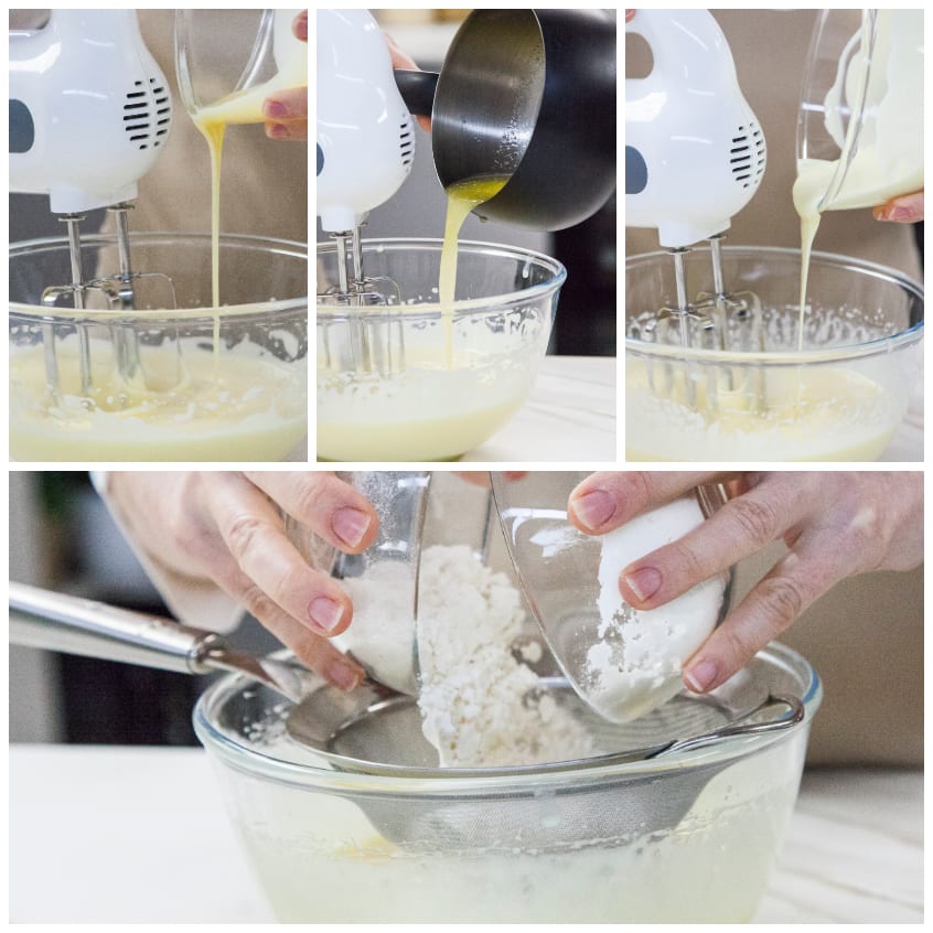 Latte condensato versato nella crema montata con le fruste, poi farina setacciata aggiunta a mano