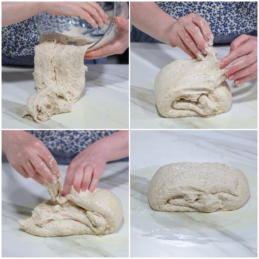 Mani che piegano l'impasto della focaccia verso il centro in quattro fasi successive