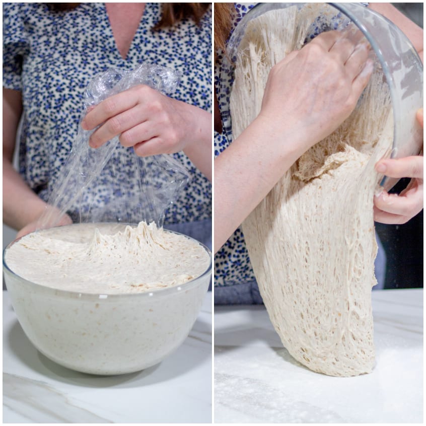 Impasto della focaccia rossa lievitato che viene rovesciato dal contenitore sul piano infarinato