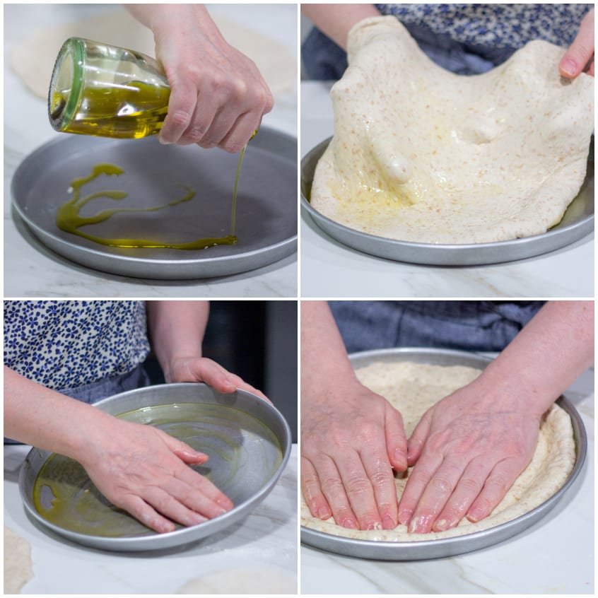 Olio versato nella teglia, impasto adagiato e steso con le mani fino ai bordi