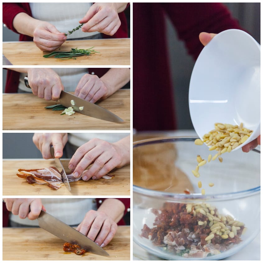 Preparazione del ripieno: erbe tritate, pancetta, pomodori secchi e pinoli versati in ciotola