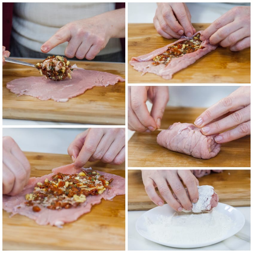 Preparazione degli involtini di vitello: farcitura con pomodori secchi e pinoli, arrotolamento e passaggio nella fecola