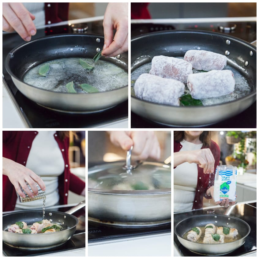 Involtini di vitello infarinati in padella con burro spumeggiante e foglie di salvia, sfumati con vino bianco