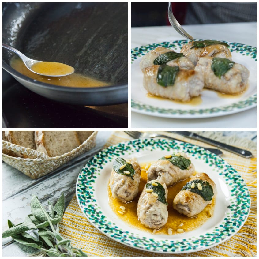 Involtini di vitello impiattati con foglie di salvia croccanti, pinoli e fondo di cottura dorato