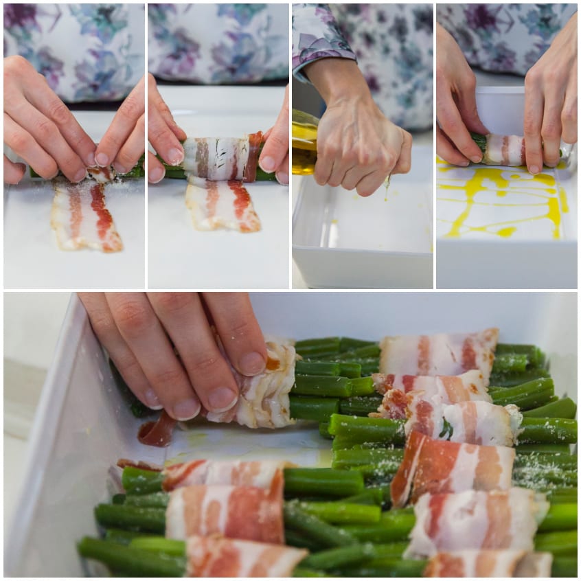 Mani che avvolgono fagiolini con pancetta e li adagiano in pirofila con olio