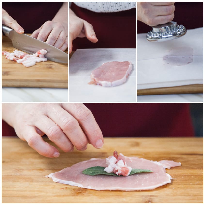 Fettina di lonza battuta con foglia di salvia e cubetti di pancetta al centro, pronta per essere arrotolata