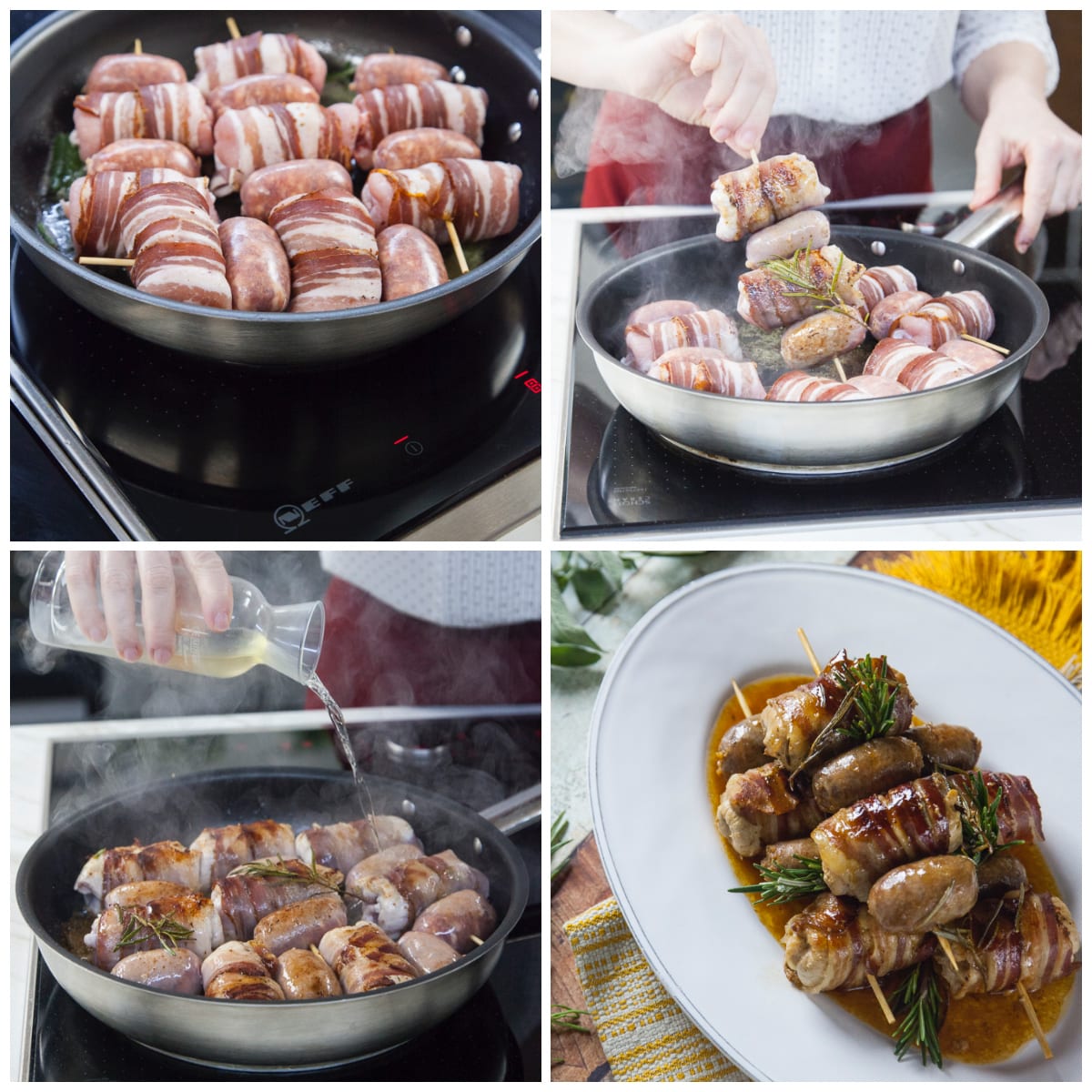 Spiedini di salsiccia avvolti nella pancetta rosolati in padella con rosmarino e sfumati con vino bianco