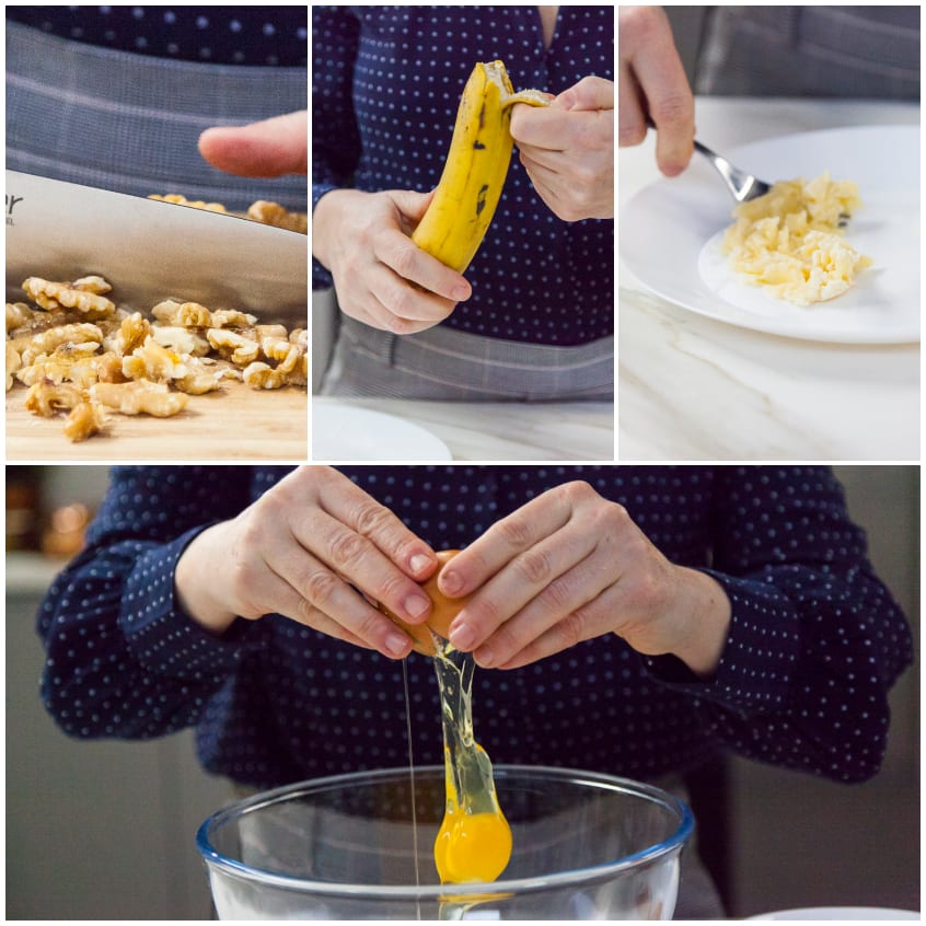 Noci tritate, banana sbucciata e uovo rotto in una ciotola: gli ingredienti del banana bread pronti
