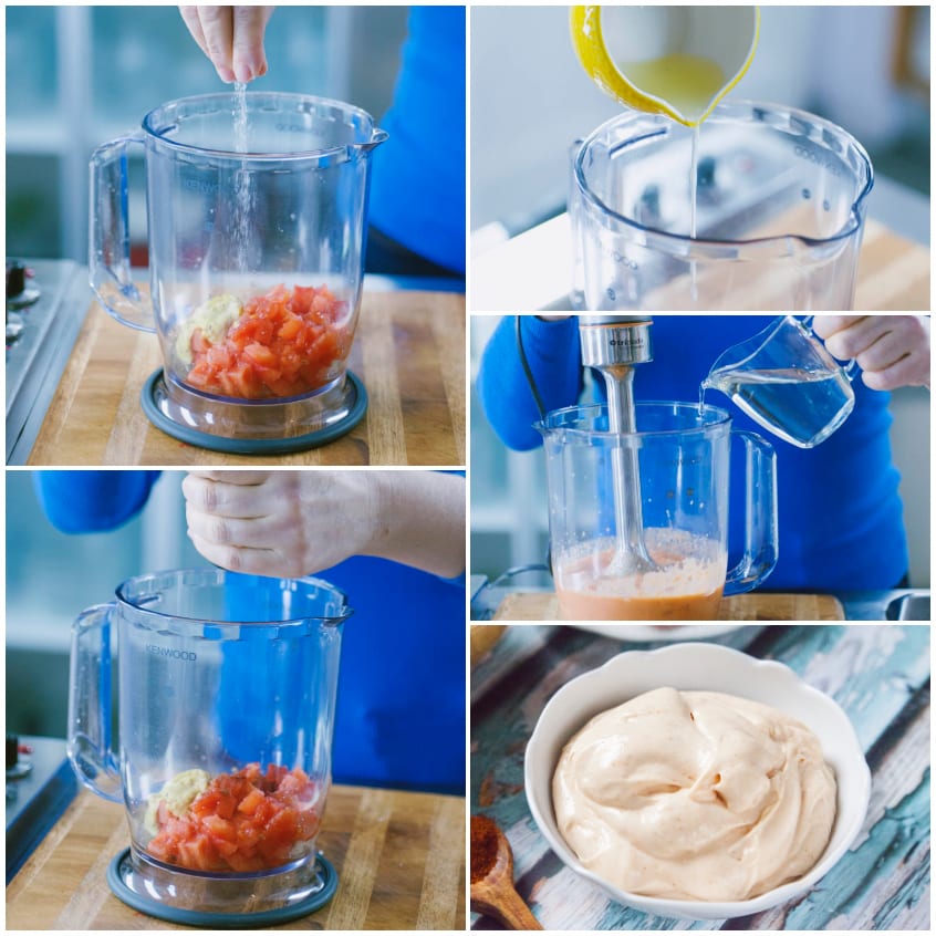 Sequenza di preparazione della maionese al pomodoro: pomodori a cubetti nel bicchiere, aggiunta di limone, olio versato durante la frullatura e crema finale