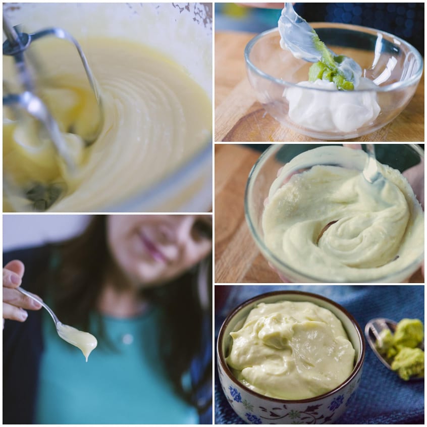 Collage di preparazione della maionese al wasabi: montaggio, aggiunta del wasabi e crema finale