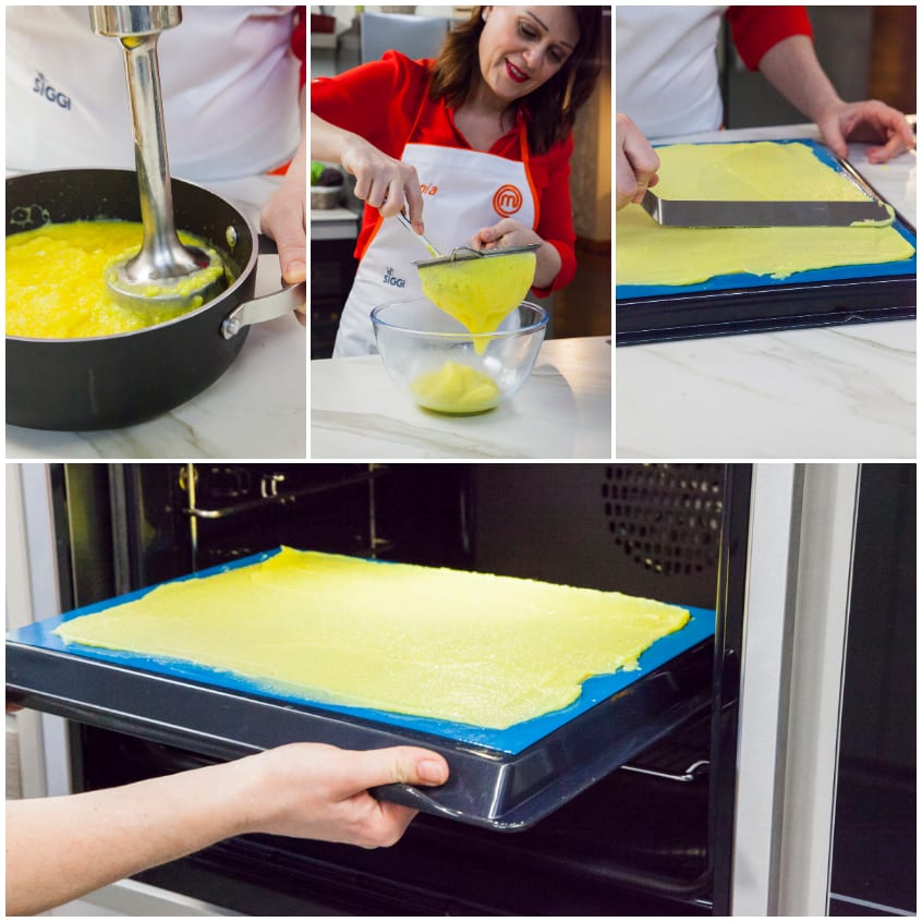Crema di riso allo zafferano frullata, setacciata e stesa su silicone prima di entrare in forno
