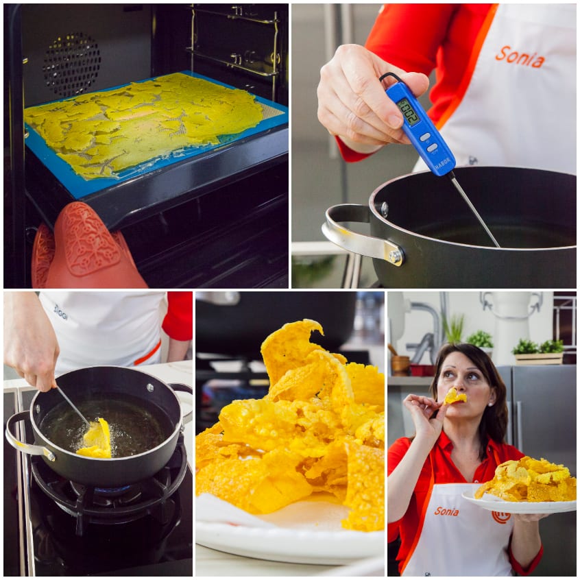 Sfoglie di riso allo zafferano fritte in olio: dorate e croccanti, si arricciano appena estratte
